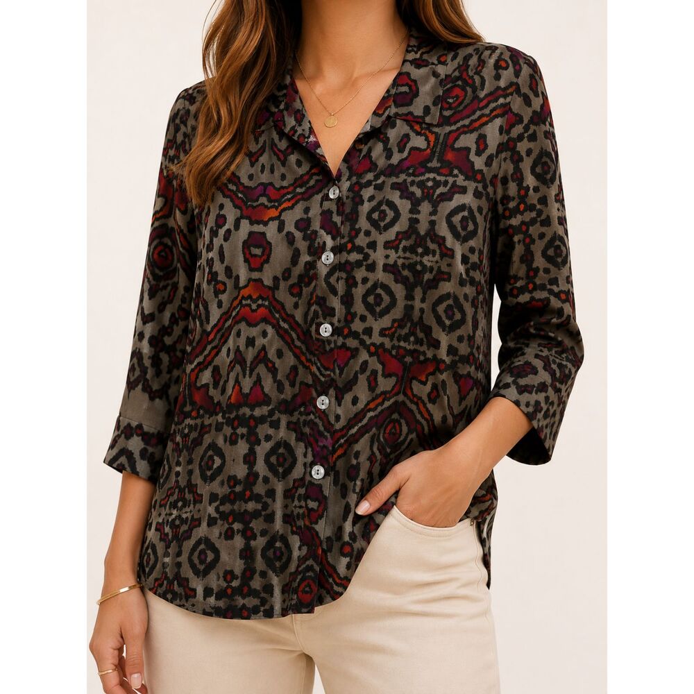 NWT East 5th Petite XL Linen Rayon Animal Print Button Up Blouse PXL Boho